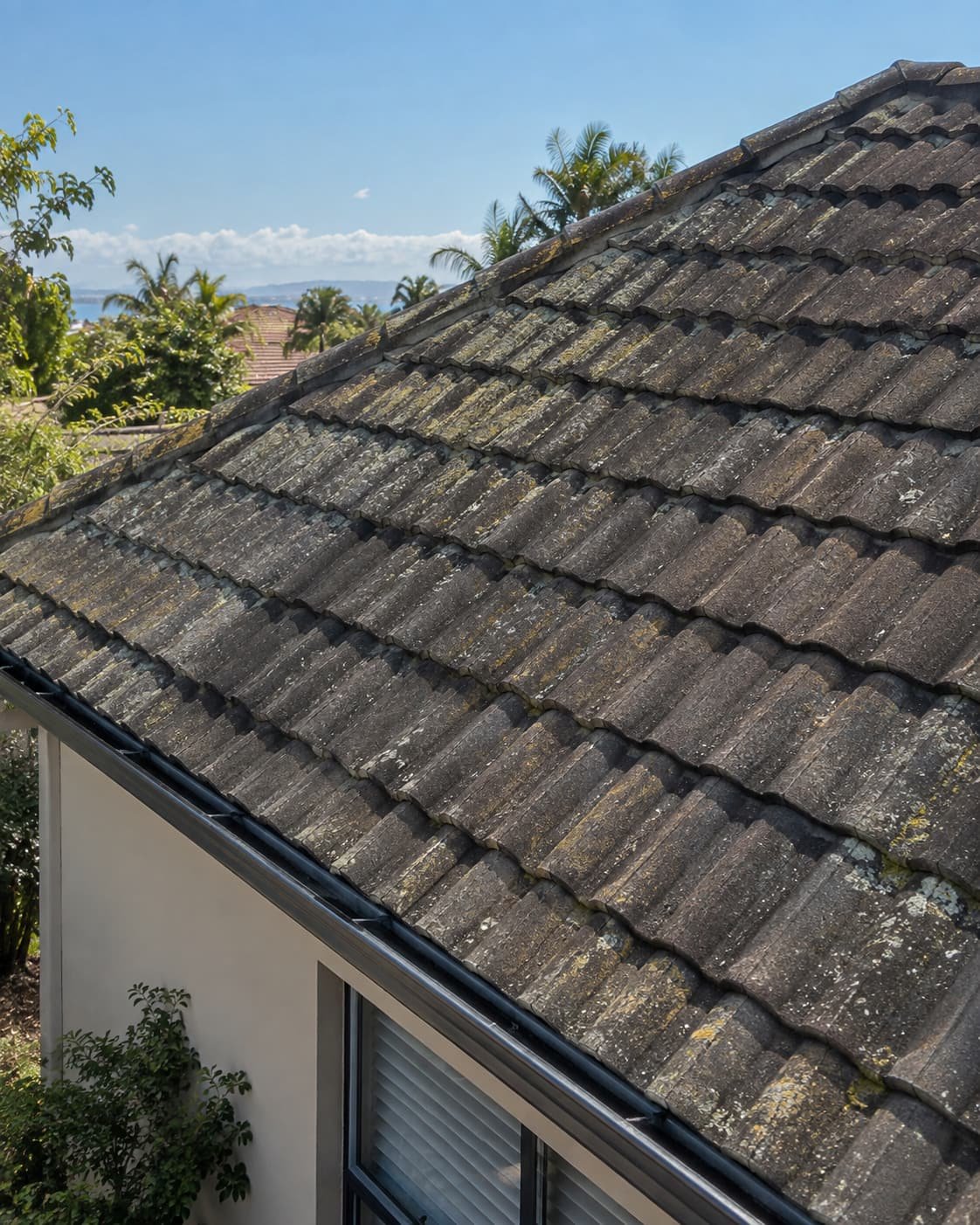 Tiled roof covered in moss and lichen before cleaning